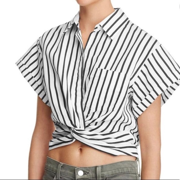 T Alexander Wang Striped Twist Front Crop Shirt 0 - Picture 2 of 6